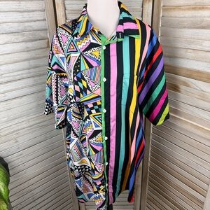 Unisex 90s Saved By the Bell Vibes Colorblock Rainbow Stripe Button Down Shirt